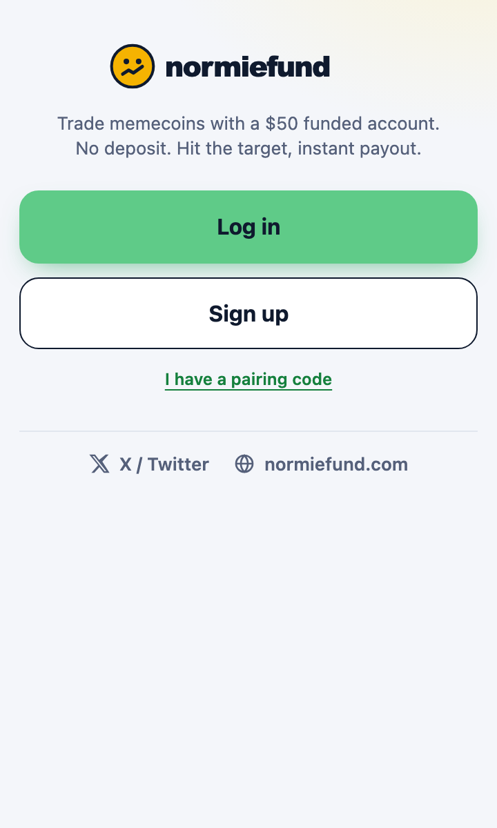 NormieFund Wallet welcome screen with Log in and Sign up